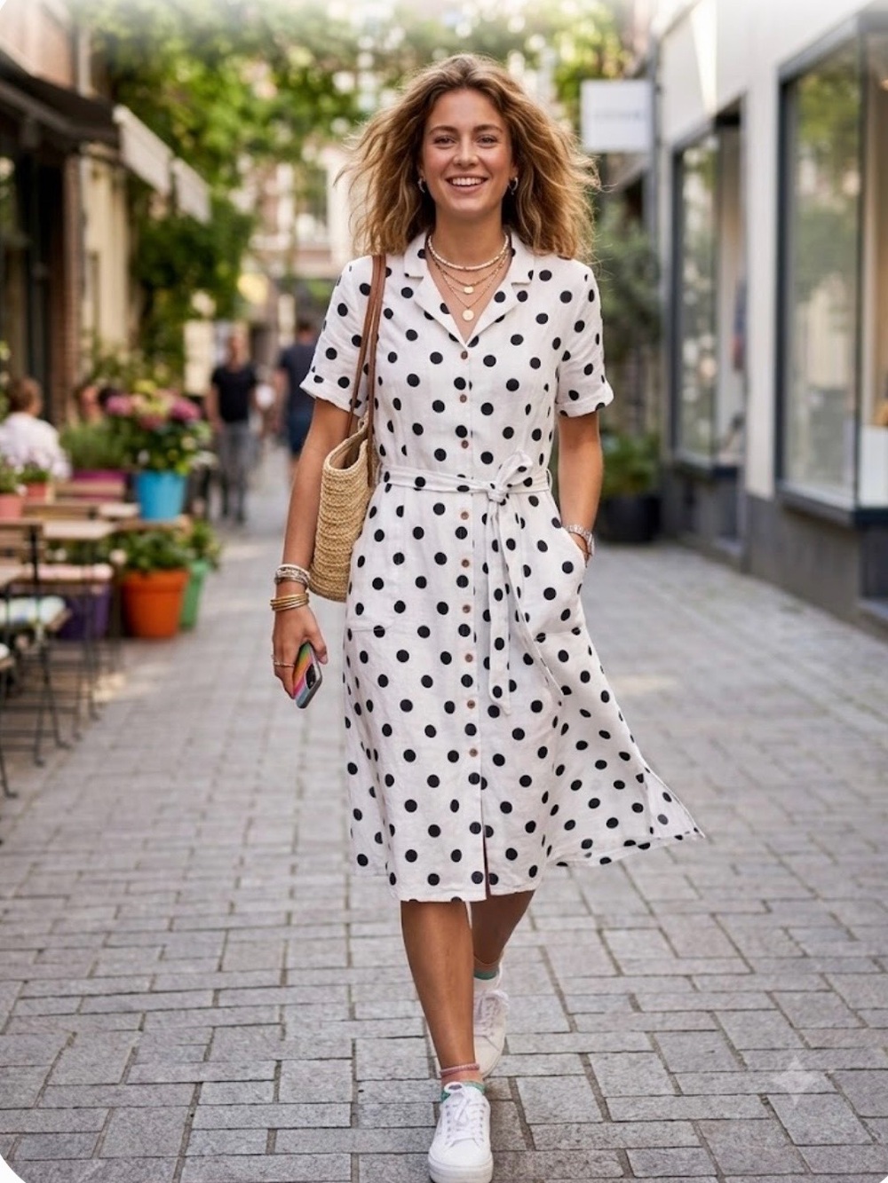 Polka Dot Wrap Shirtdress in Beige and Black